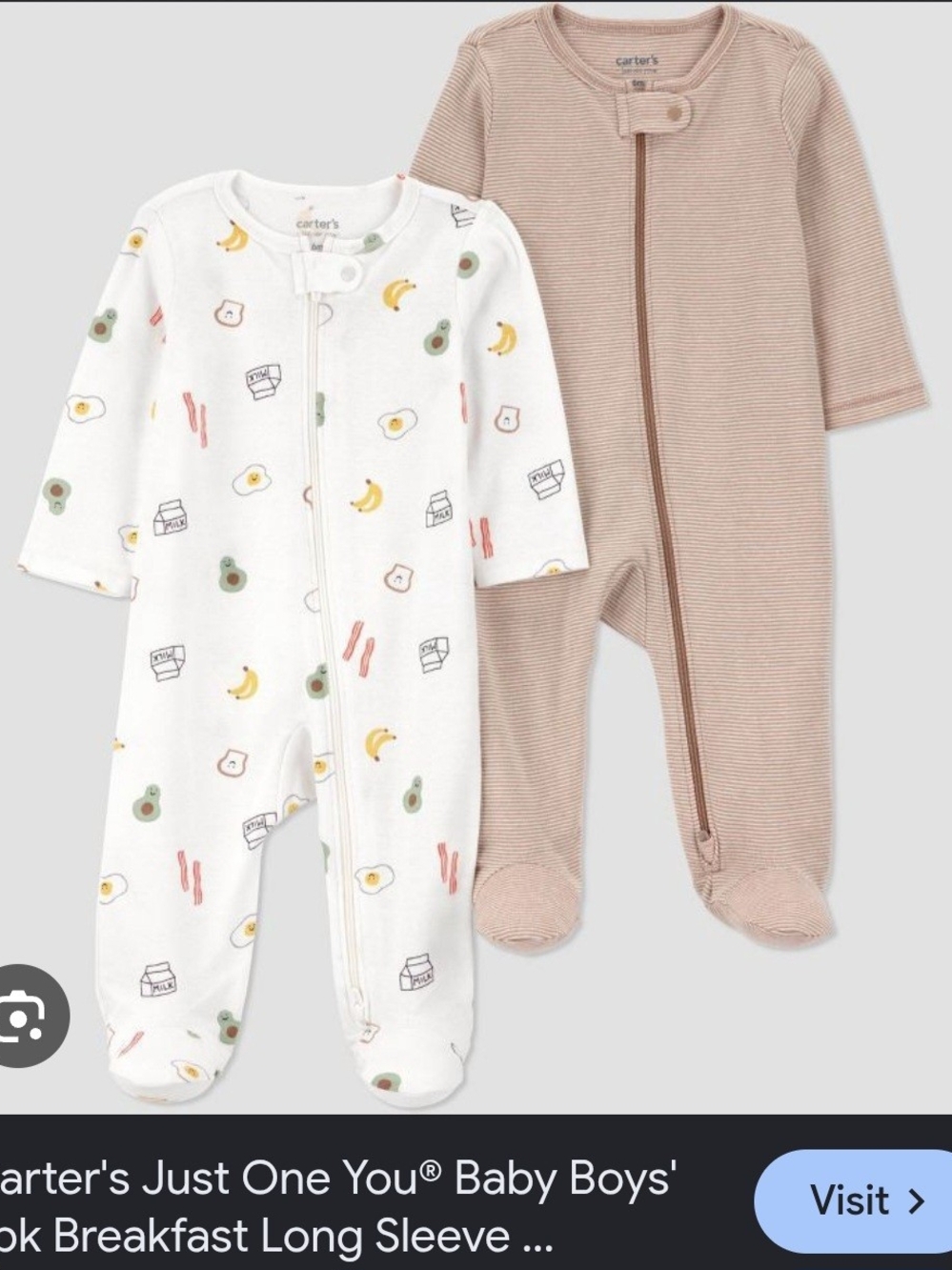 Carter's Two-Pack Footed One-Pieces in White Breakfast Print & Tan Stripe
